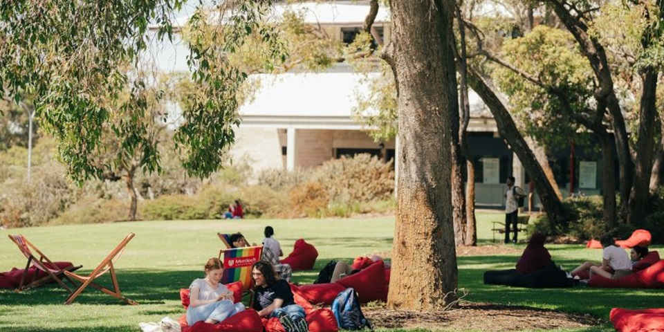 5 things to know for your first day of uni A group of Murdoch students relaxing on bean bags and deck chairs in Bush Court