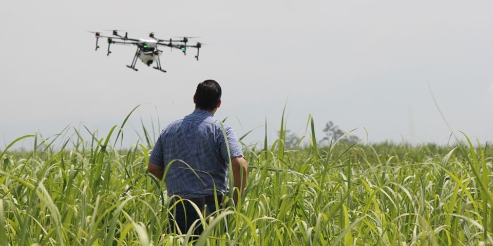 A drone flying over a farm