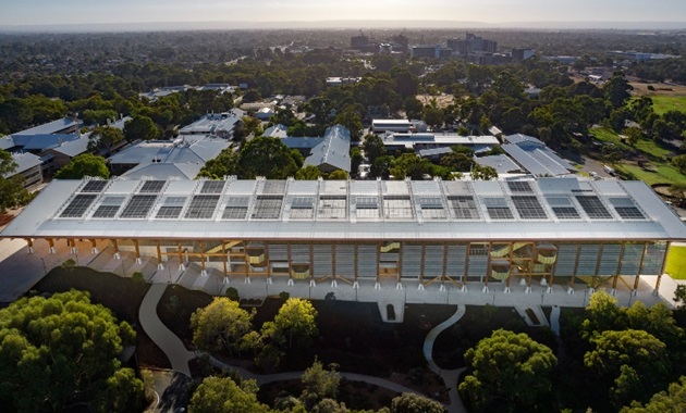 Soalr panels on large building at Murdoch University viewed from above