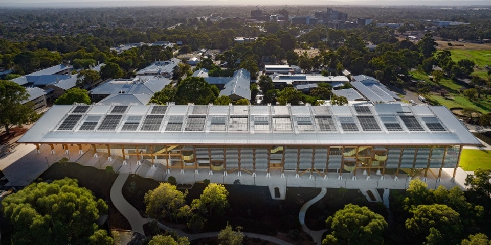 Soalr panels on large building at Murdoch University viewed from above