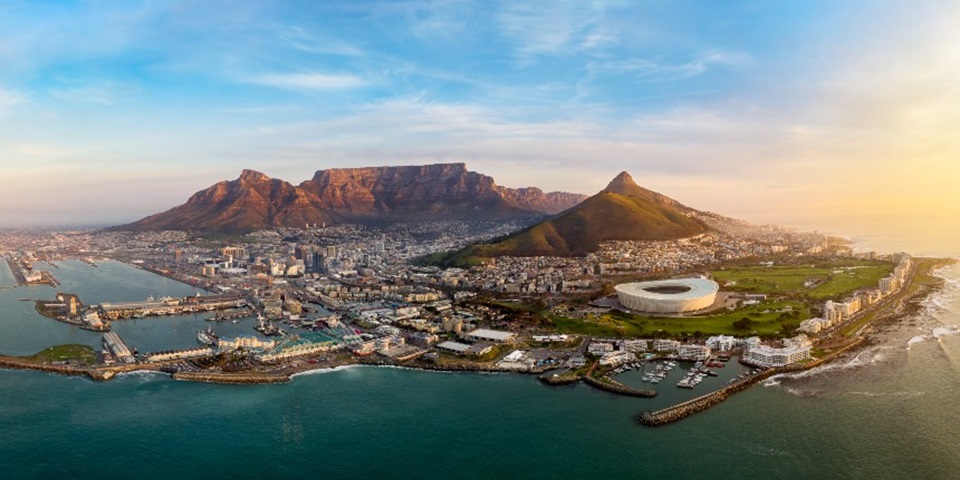 establishing aerial photograph of the city of Cape Town during sunset