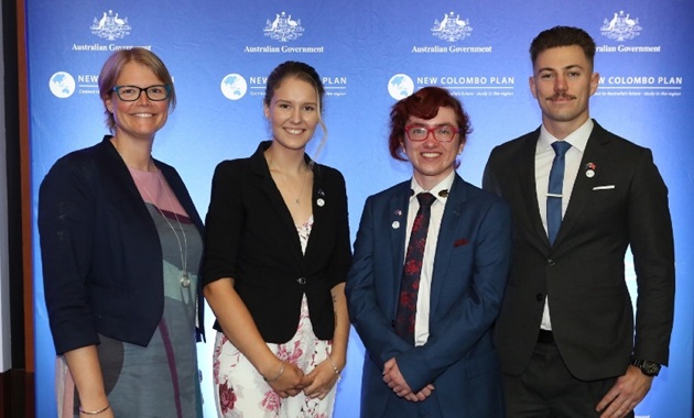 Student Mobility Officer (Outbound) Jeannette Geesman with Colombo Plan scholars, Katie Skinner, Axel Diamond and Connor Nicholson