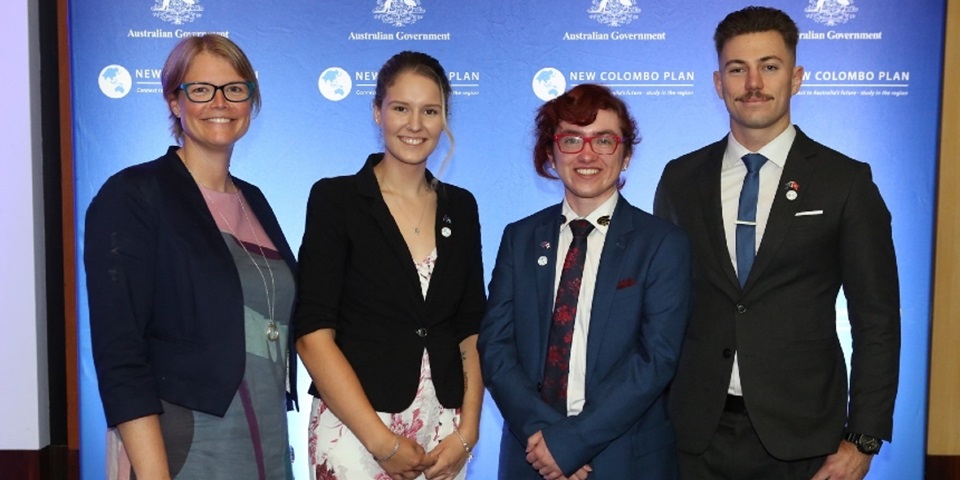 Student Mobility Officer (Outbound) Jeannette Geesman with Colombo Plan scholars, Katie Skinner, Axel Diamond and Connor Nicholson