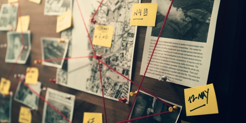 Crime board linking evidence in a criminal investigation