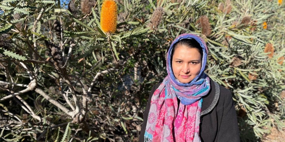 Dr Umera Imtinan standing among orange banksias