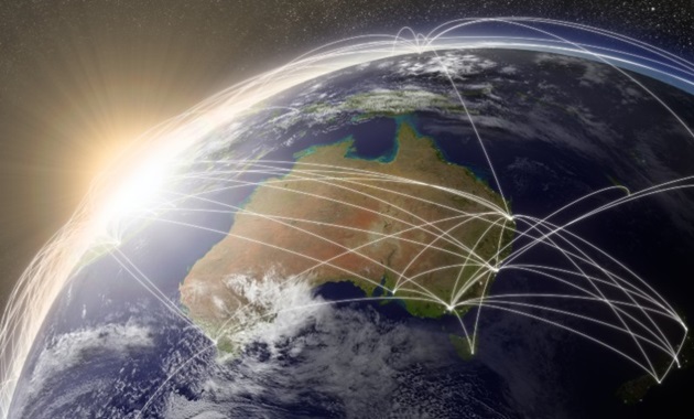 Map of Australia with flight lines into and out of cities