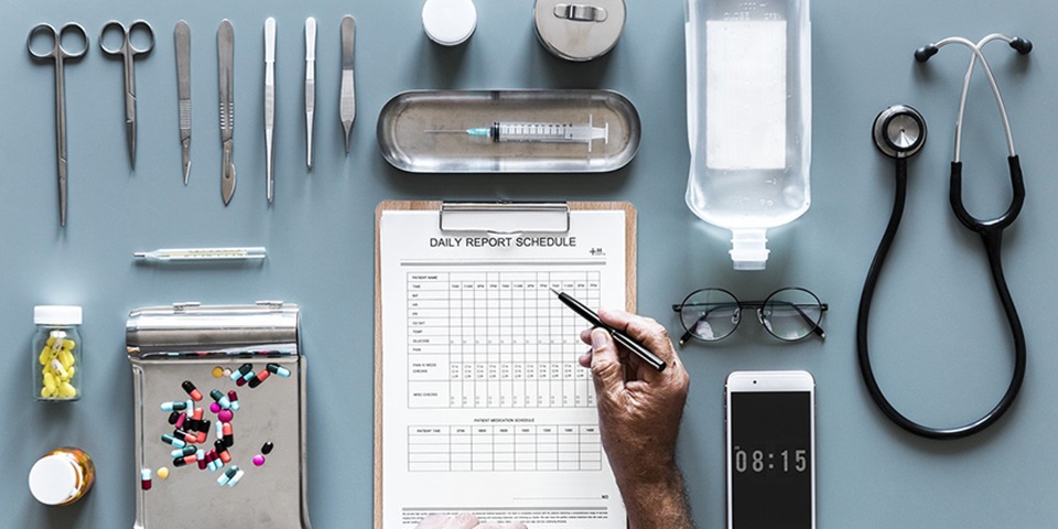 Health Career Medical items arranged in a flat-lay style