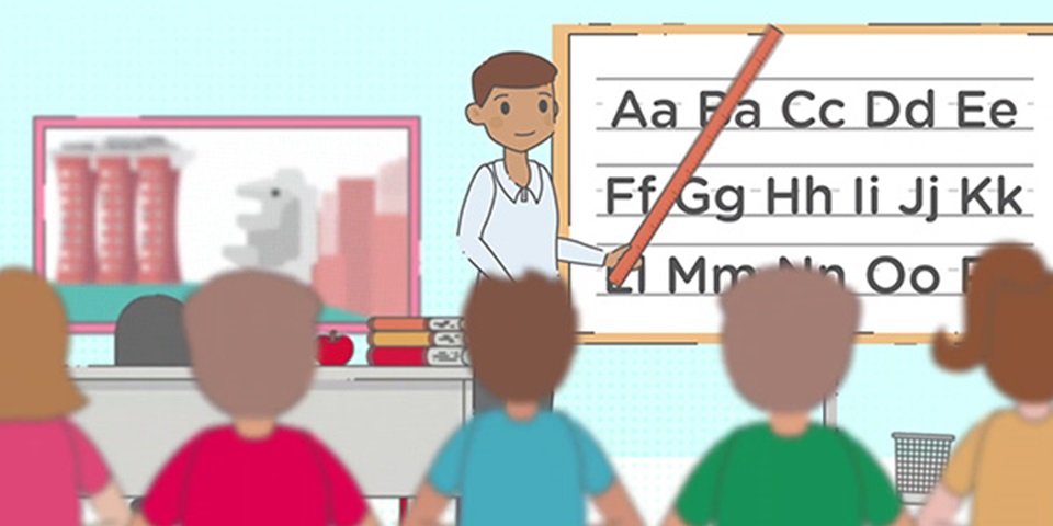 Person teaching the alphabet to students in the classroom