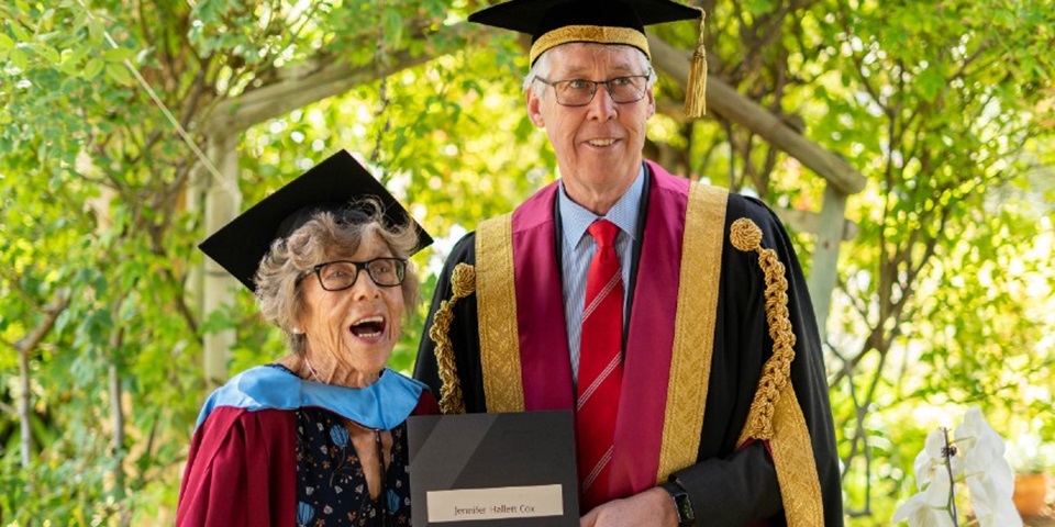 jennie-cox-feature Jennie Cox and Chancellor Gary Smith and at-home graduation ceremony in Jennie's garden