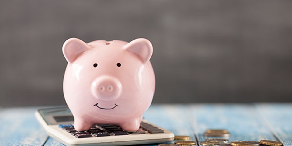 Piggy bank thumbnail Piggy bank coins and a calculator