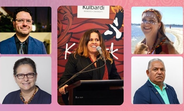 Collage of five Indigenous leaders on pink background