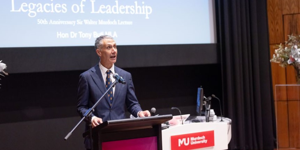 The Hon Dr Tony Buti MLA presenting the 50th edition of the Sir Walter Murdoch Lecture