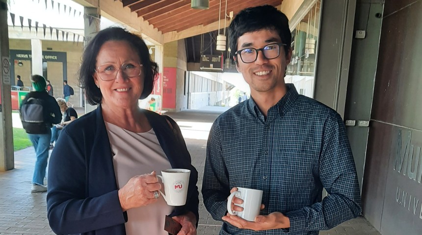 Murdoch staff Kim Culver and Yohai Okamoto swapped single use cups for ceramic mugs as part of the sustainability initiative.