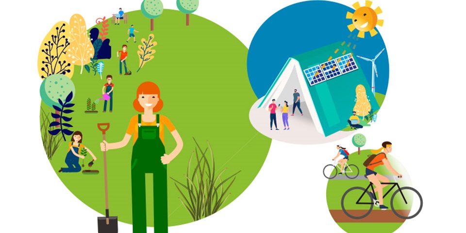 Sustainability illustration Illustration of eco-friendly life with people planting trees and using solar panels