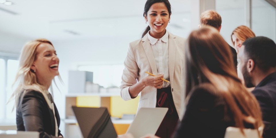 Team members collaborating in an office