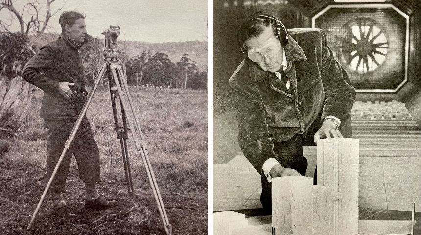 Left: Working as a surveyor in 1960. Right: Setting up a model in the wind tunnel testing facility at Murdoch University in 1981.
