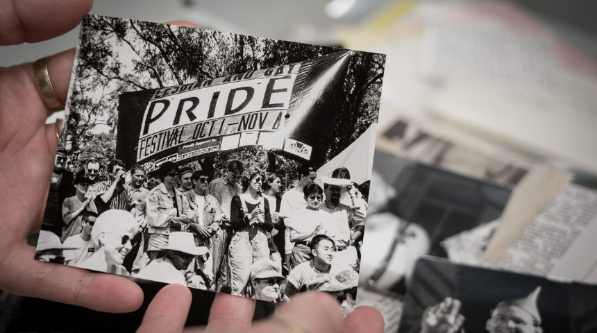 Black and white protest photo from West Pride Archives