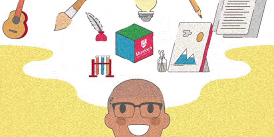 Animation of smiling person with creative icons